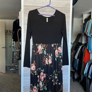 Black and Floral Long Sleeve Maxi Dress